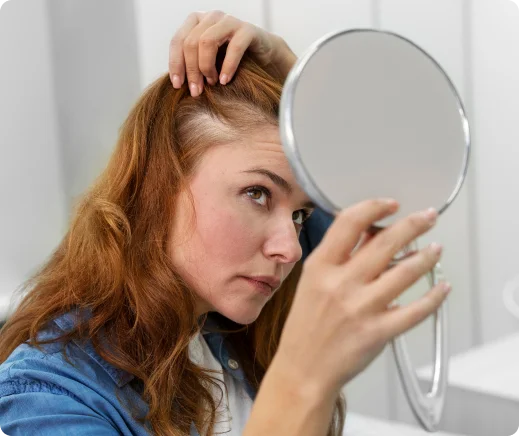 Woman examining thinning hair at the part