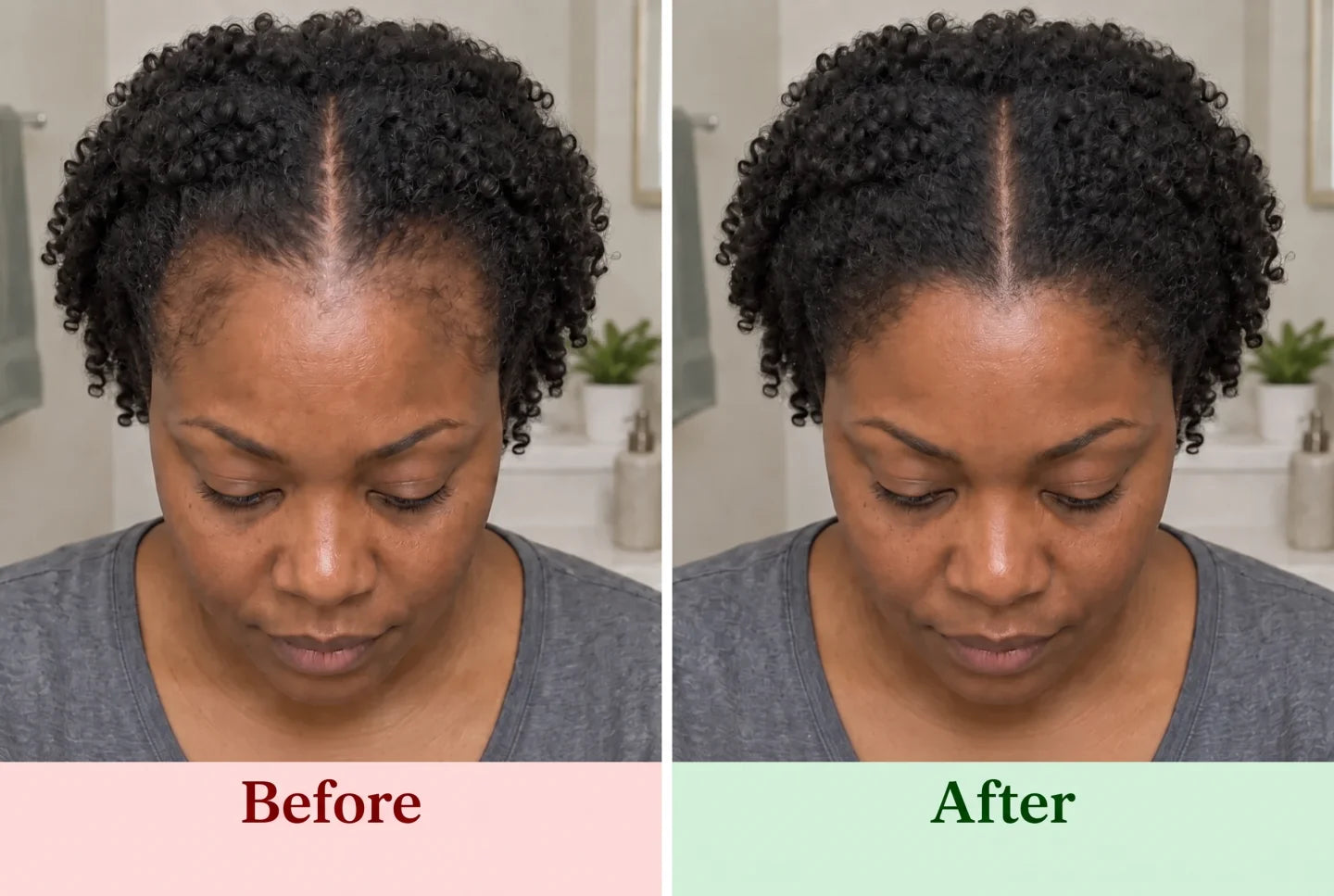 Illustrative before-and-after comparison of thinning temples and fuller hair density; not actual customer results