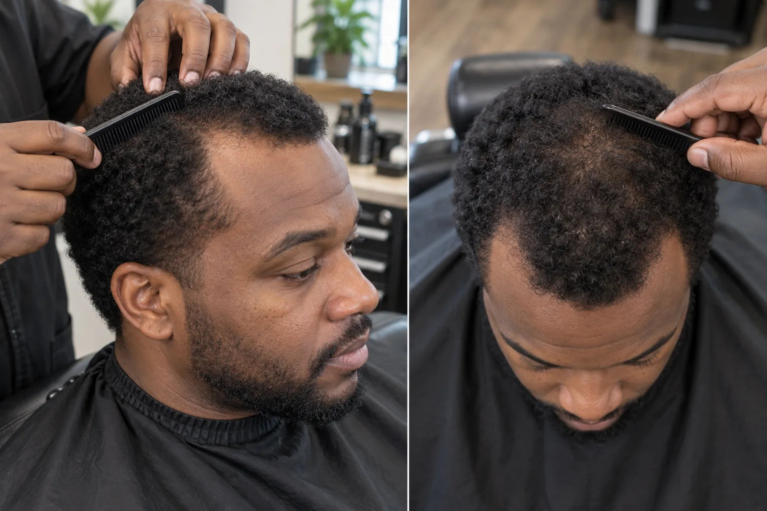 A Black barber gently examining a client’s short coily hair with a comb