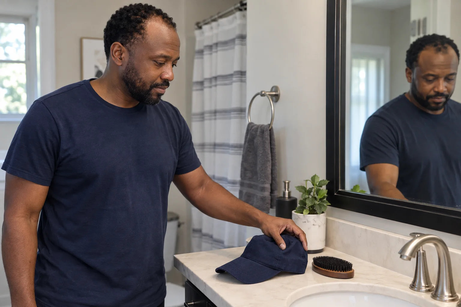 A Black man setting his cap beside a wave brush at his bathroom mirror