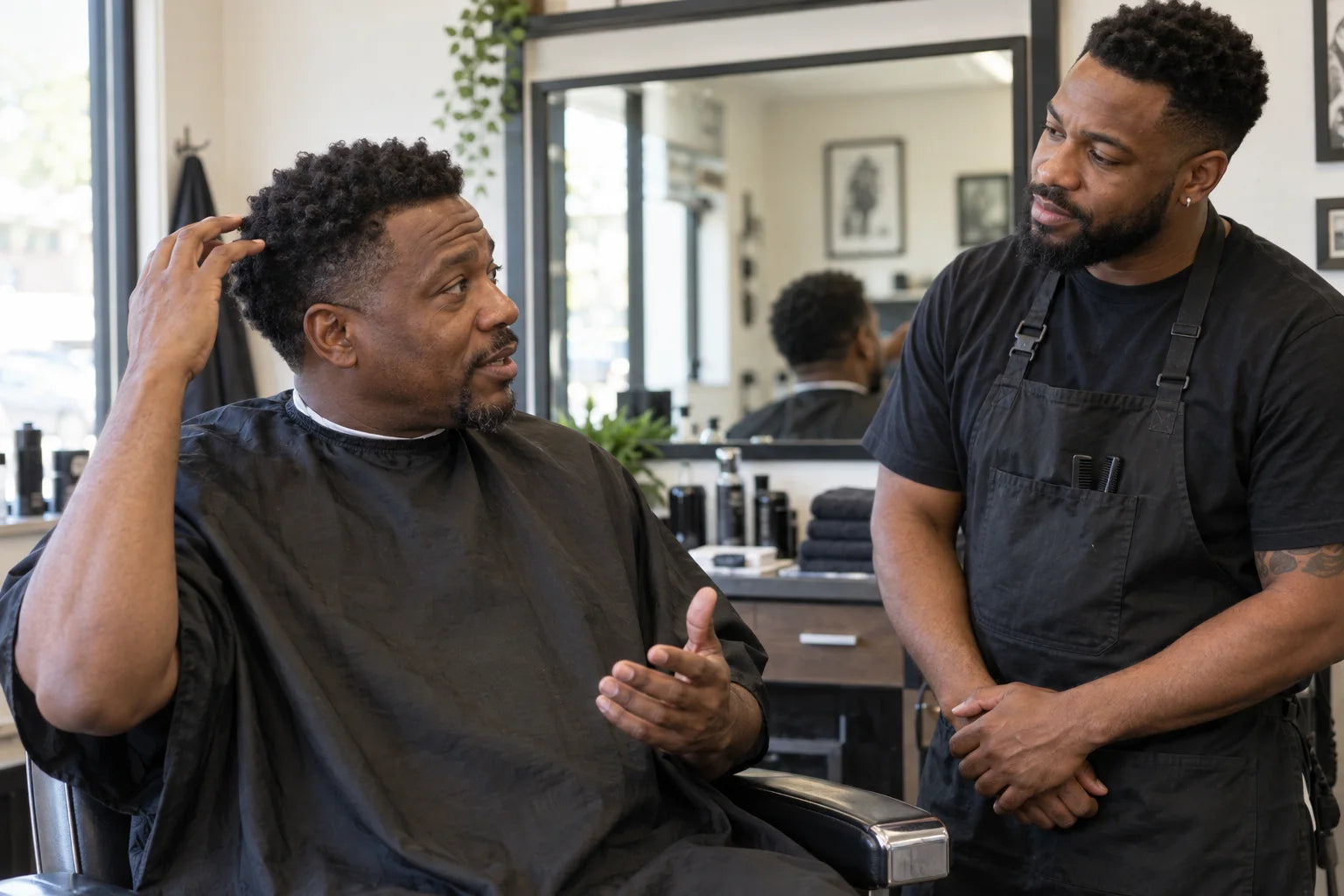 A Black male client discussing hair care with his barber