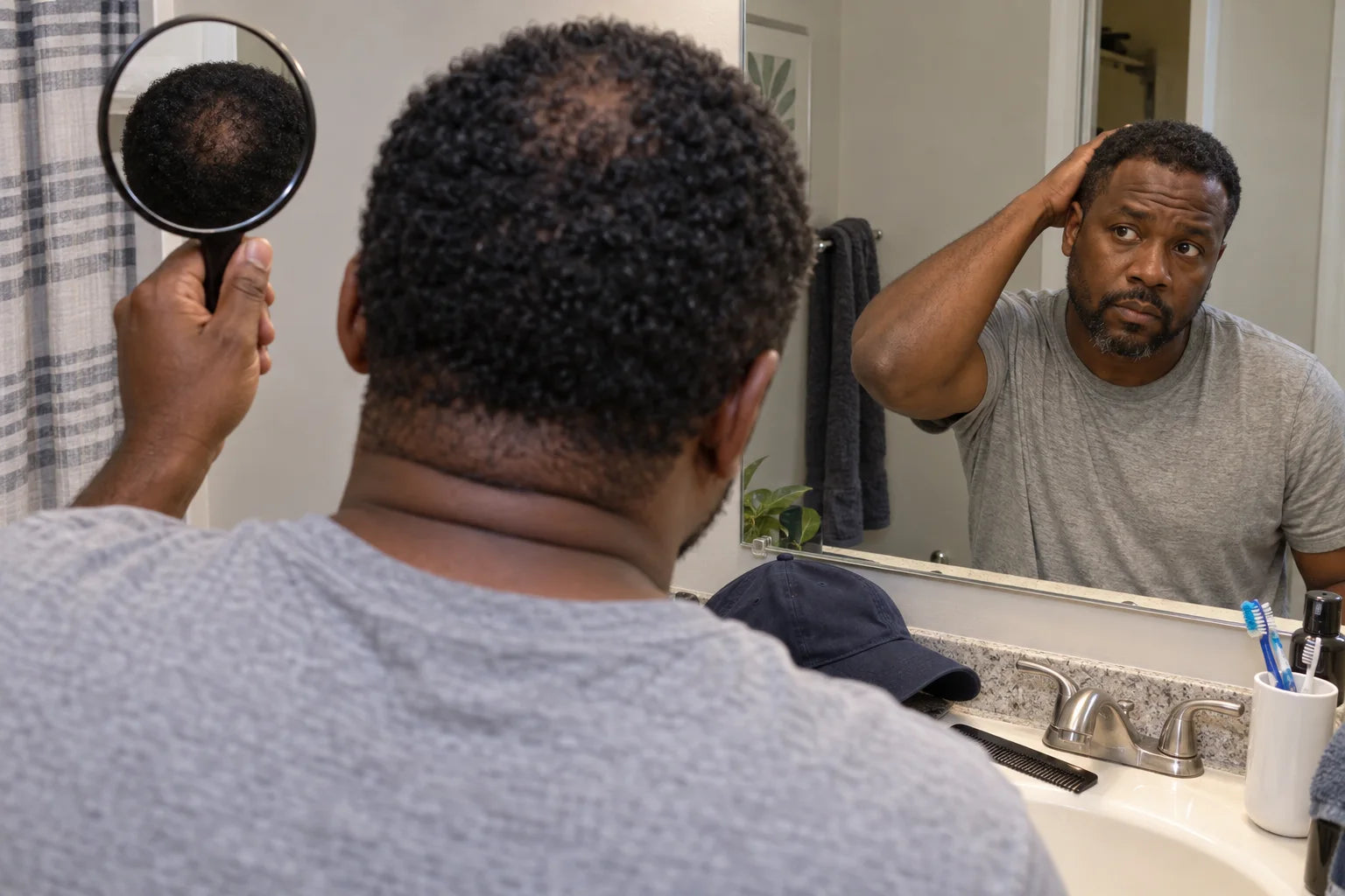 A Black man using a handheld mirror to check his crown