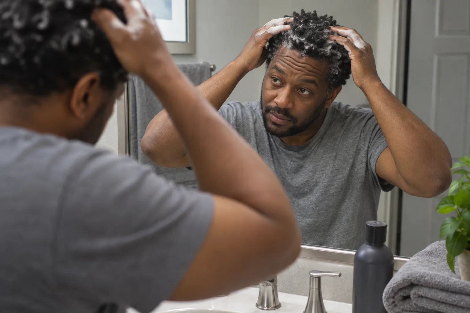 A Black man gently cleansing his short coily hair at home