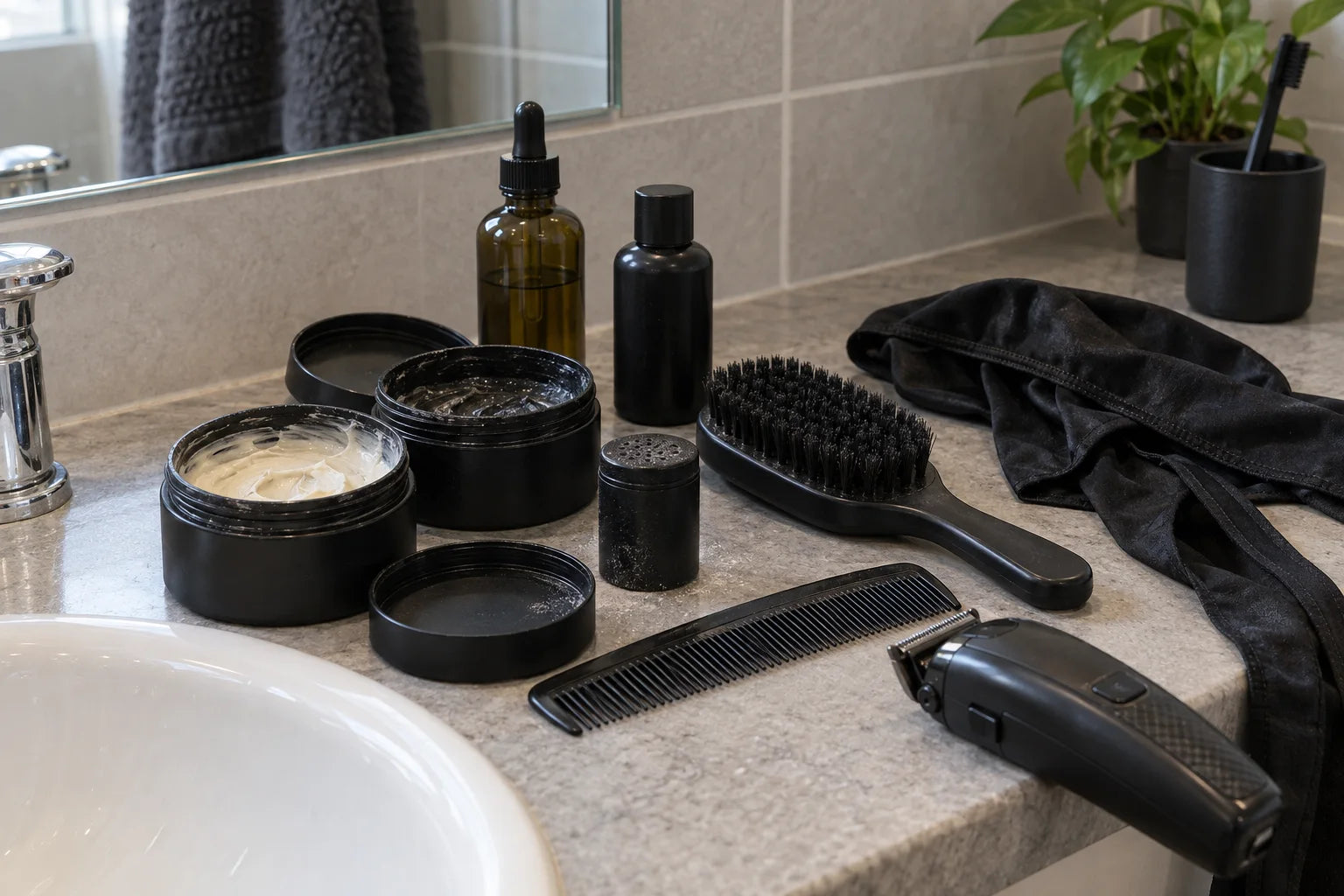 A bathroom counter with wave brushes, pomade, oils and a folded durag