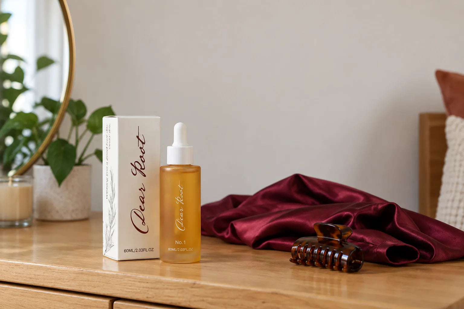 DearRoot serum and matching box on a dressing table beside a satin scarf