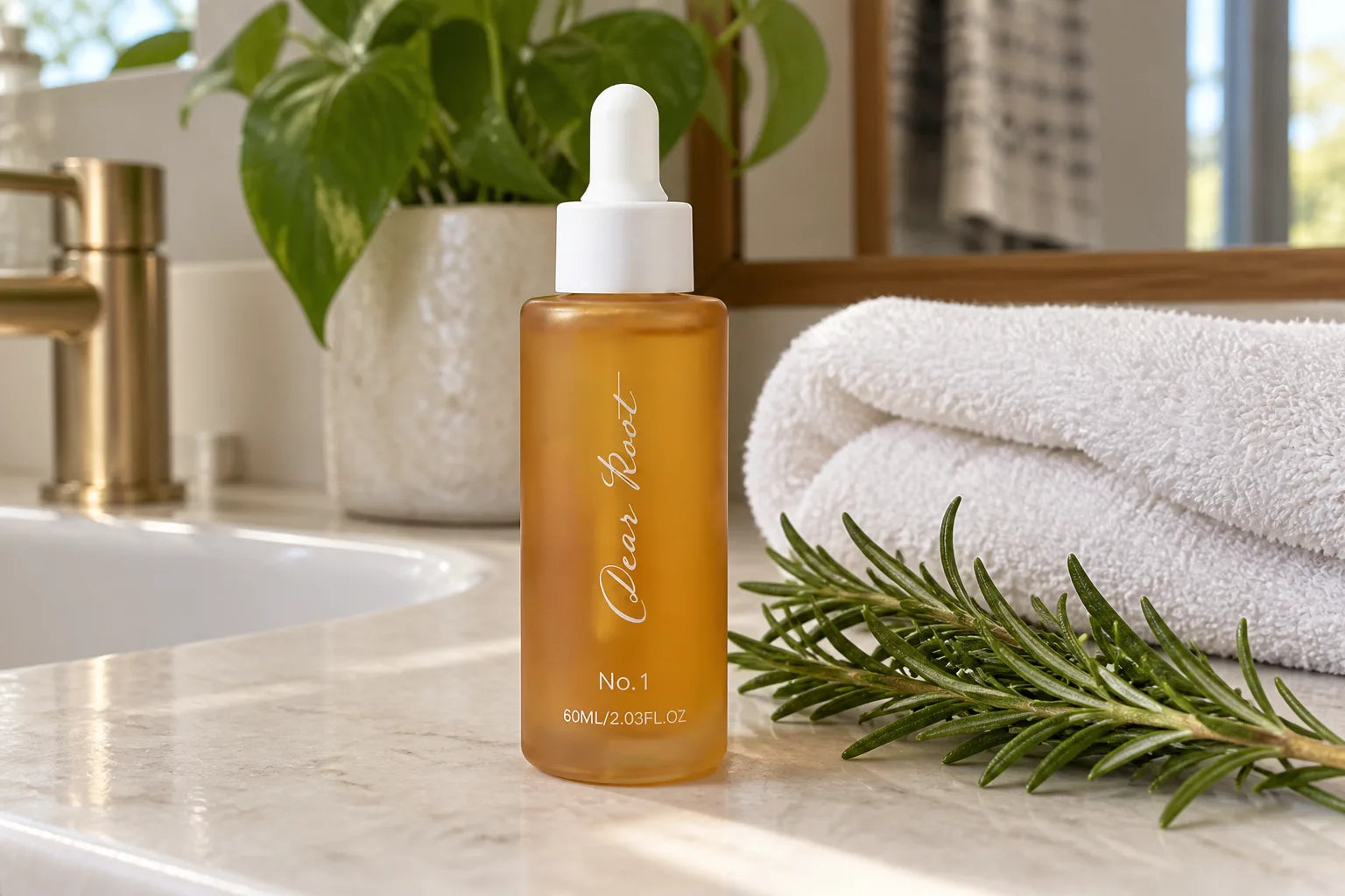 DearRoot amber serum bottle with its white dropper beside rosemary