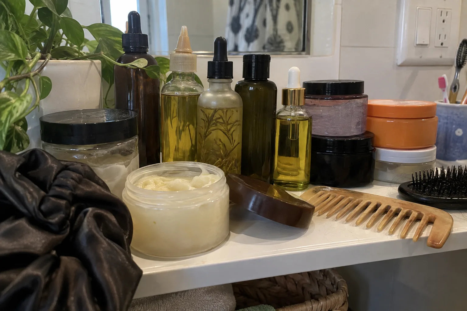A bathroom shelf crowded with unbranded hair oils, gels and brushes