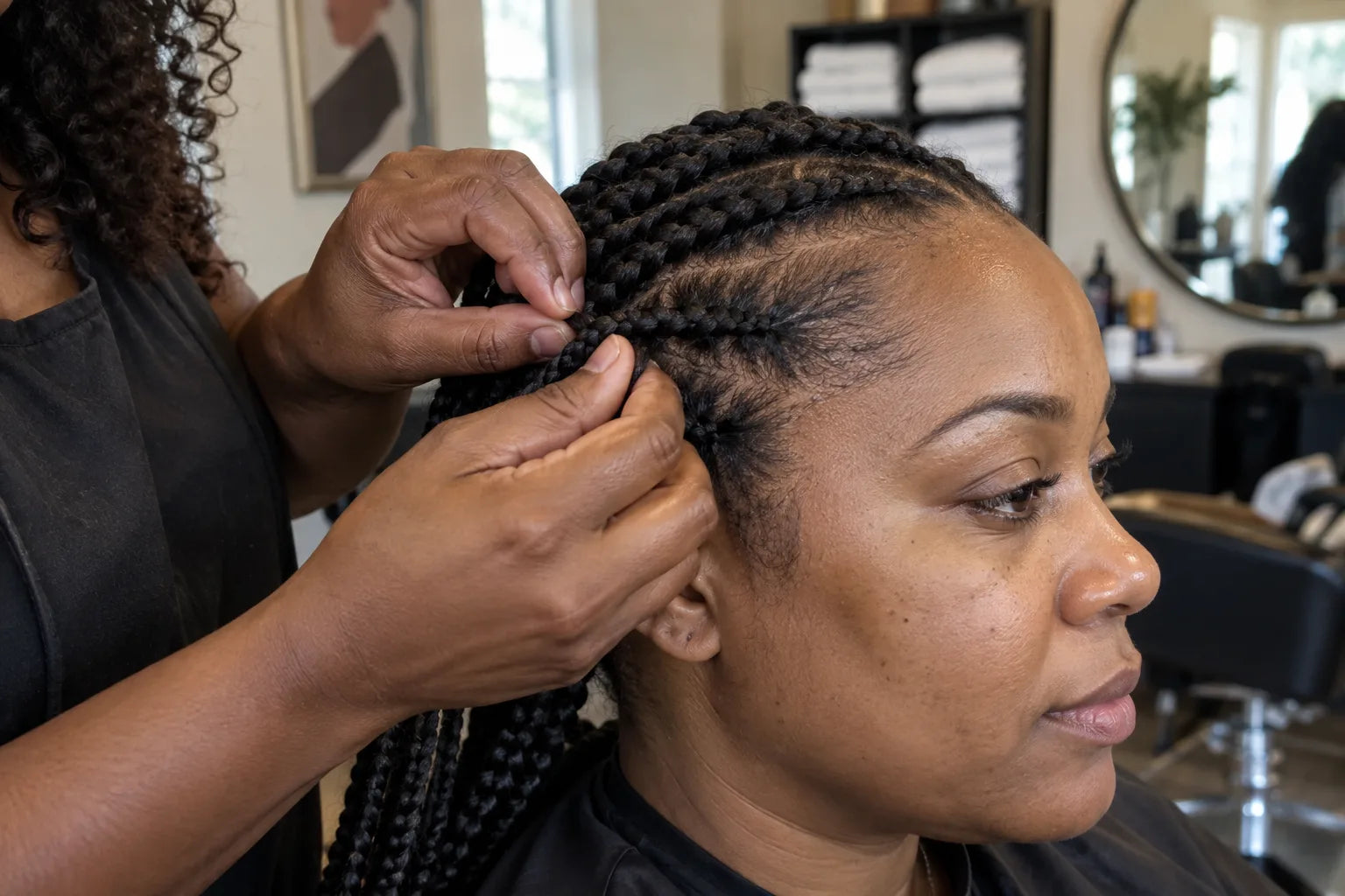 A stylist gently loosening a braid near a woman’s temple