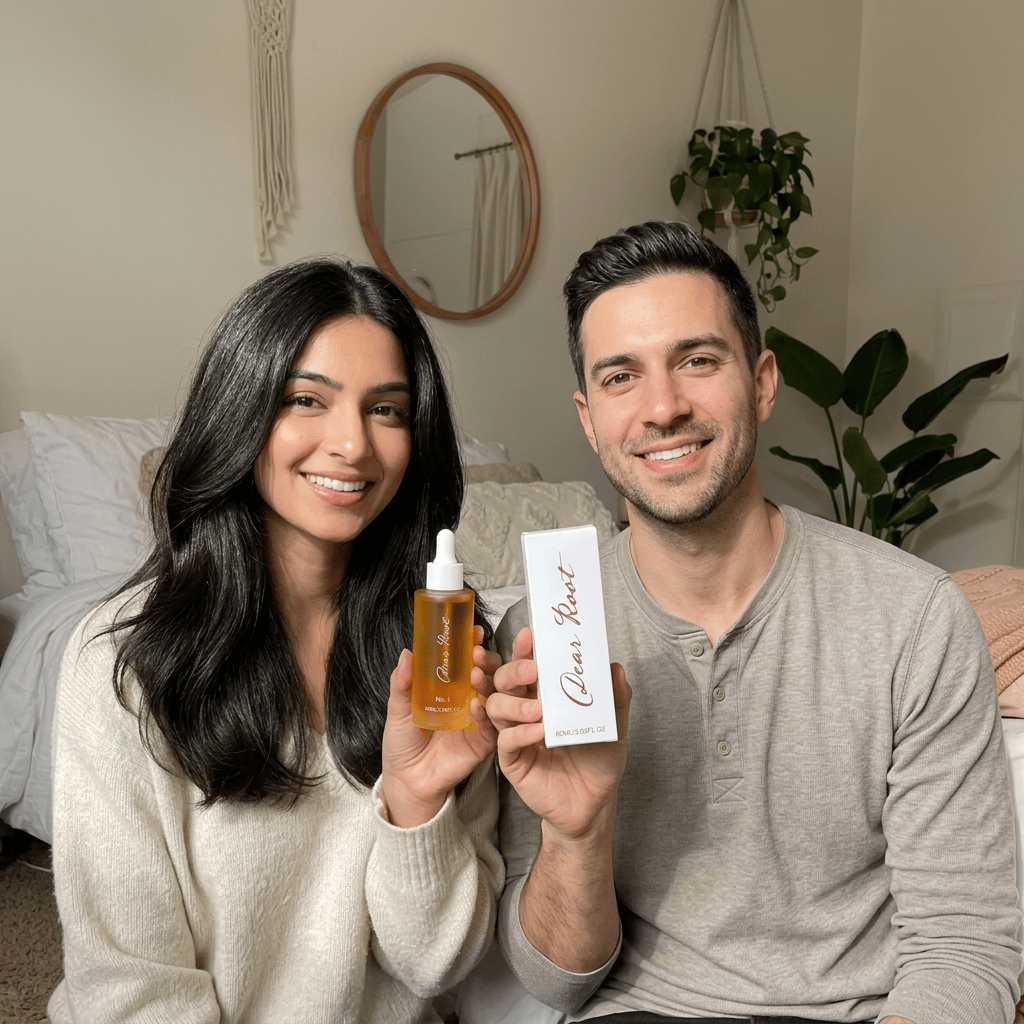 DearRoot founders holding the Root Activator Serum