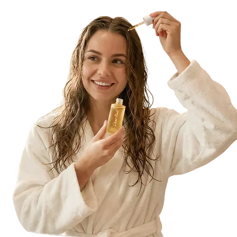 Woman applying DearRoot Root Activator Serum